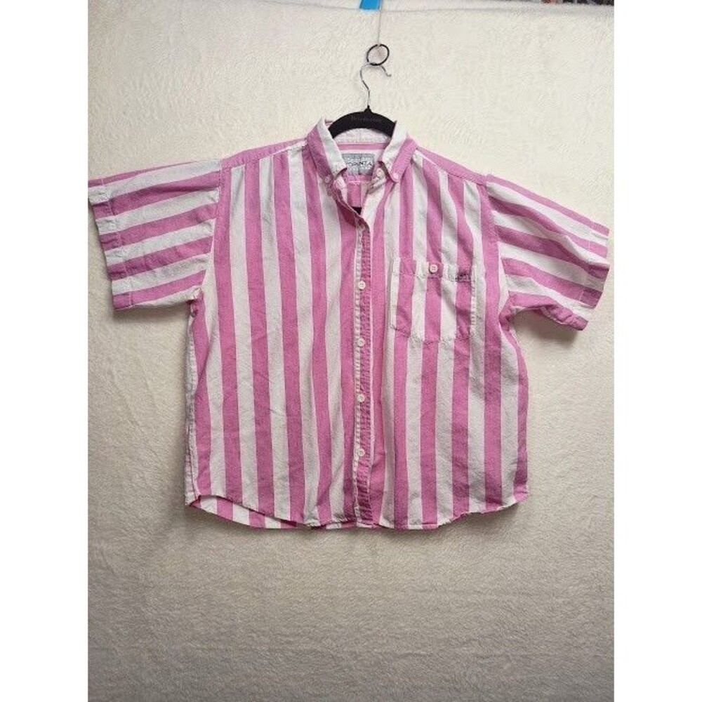 Vintage Forenza Sport Candy Striped Button Down Shirt Medium Pink White SS 80s
